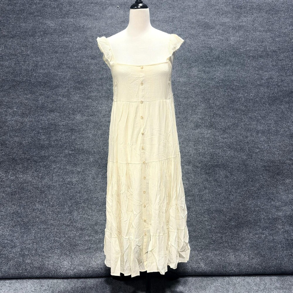 August Sky Dress Womens Large White Button Front Maxi Sundress Ruffle Boho Flowy